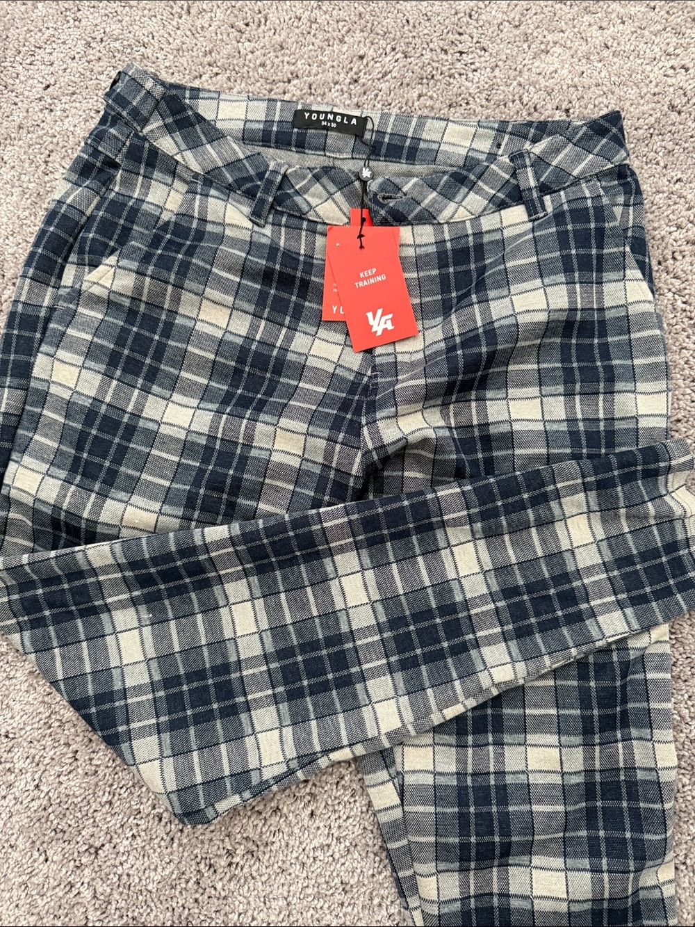 YoungLA Navy and Cream Plaid Trousers NWT
